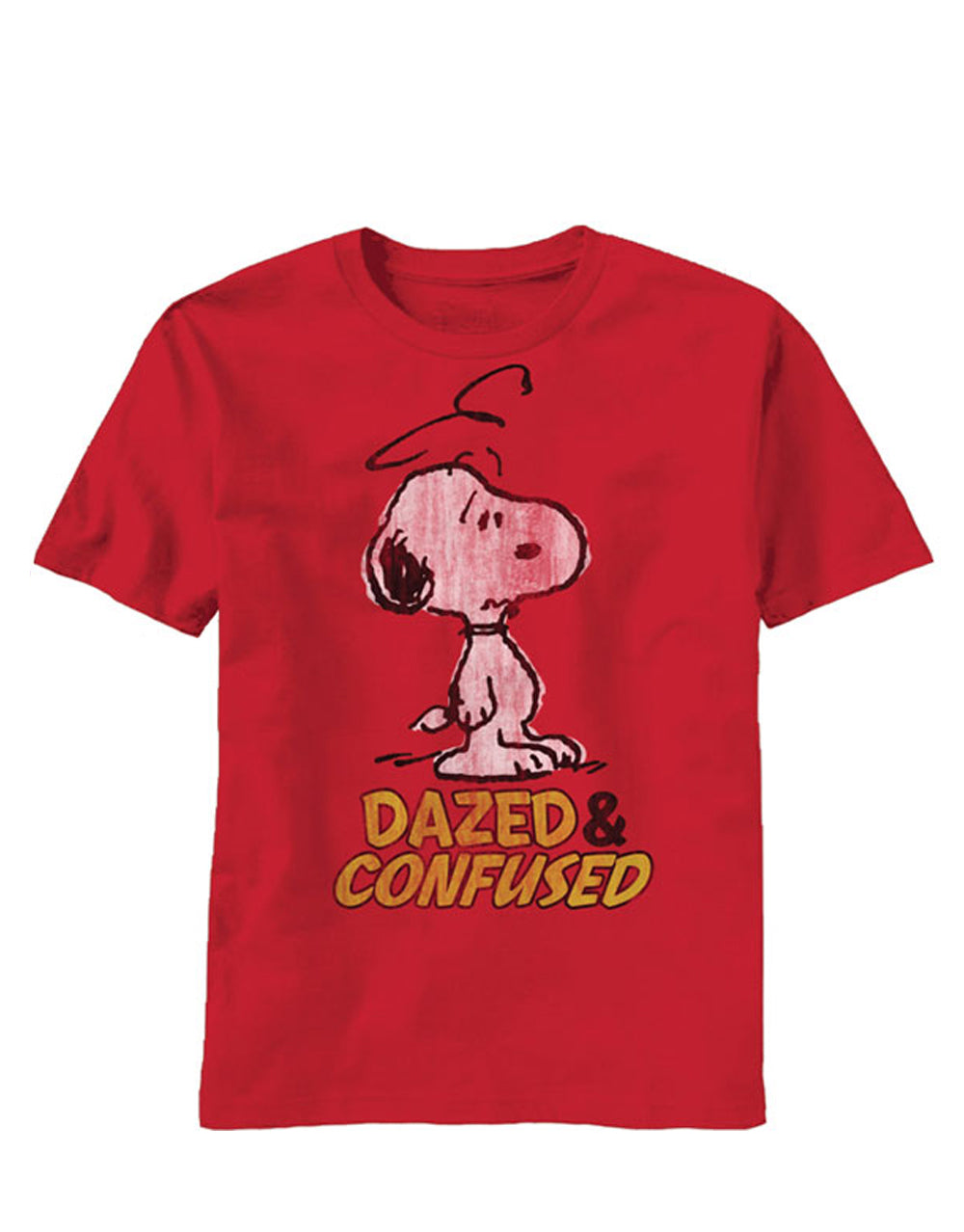 Snoopy dazed and confused graphic on a heathered red adult t-shirt.