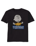 Charlie Brown blockhead graphic on a black adult t-shirt.