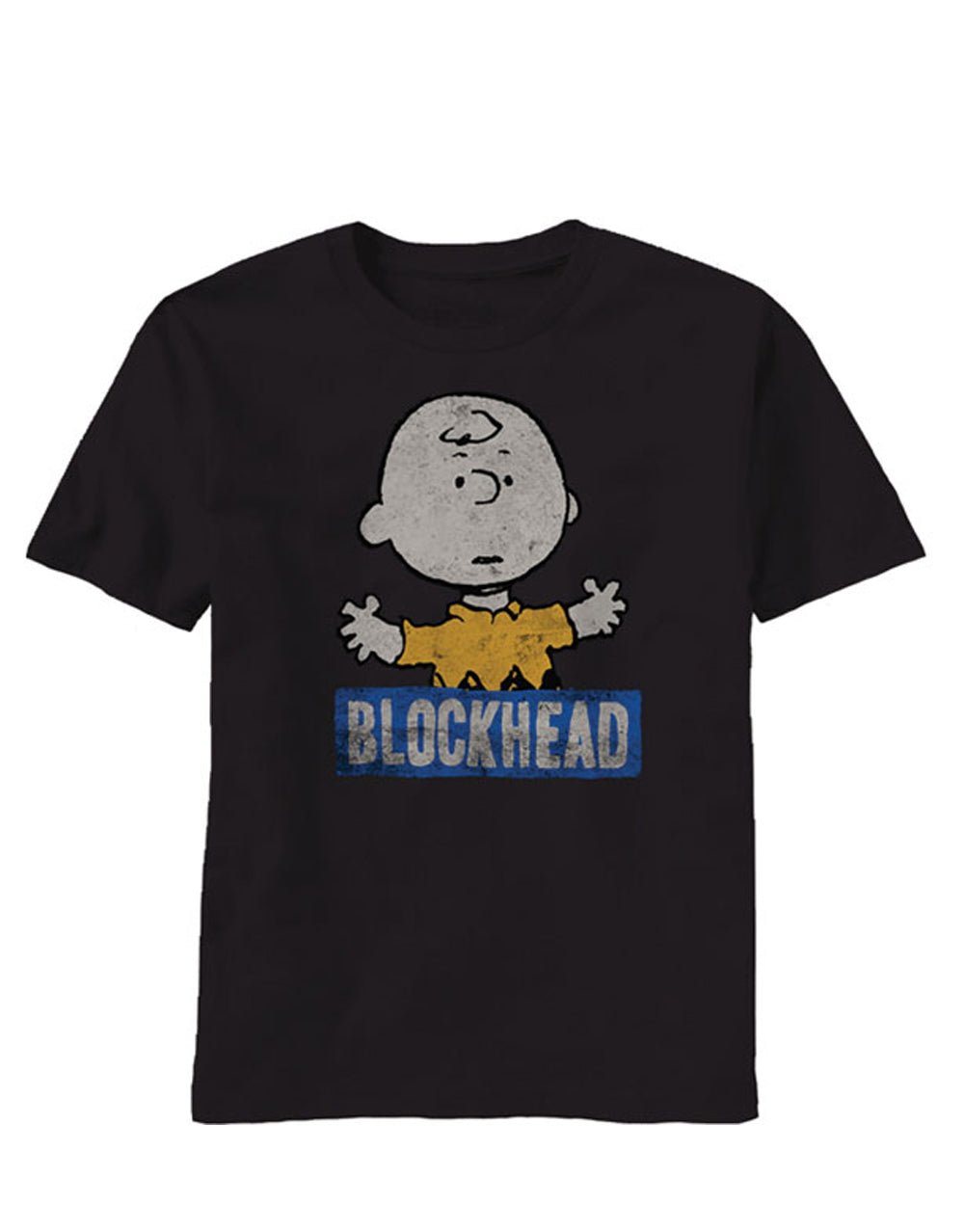 Charlie Brown blockhead graphic on a black adult t-shirt.