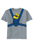 Peanuts Woodstock carrier graphic on a grey adult t-shirt.