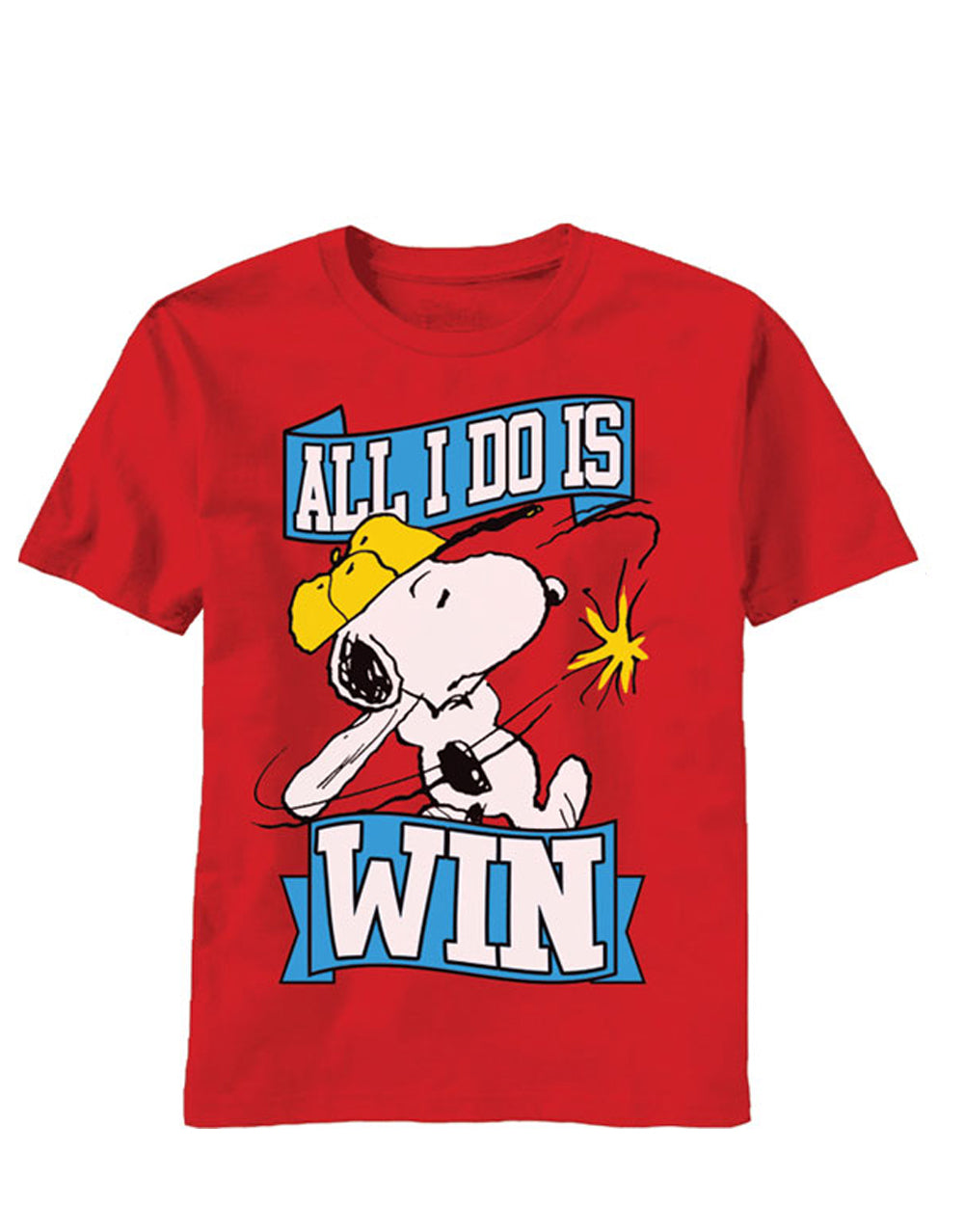 Snoopy all I do is win graphic on a red adult t-shirt.