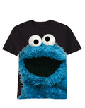 Cookie Monster big photo graphic on a black adult t-shirt.