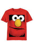 Elmo big face graphic on a red adult t-shirt.