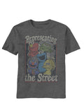 Representing the street graphic on a heathered dark grey adult t-shirt.