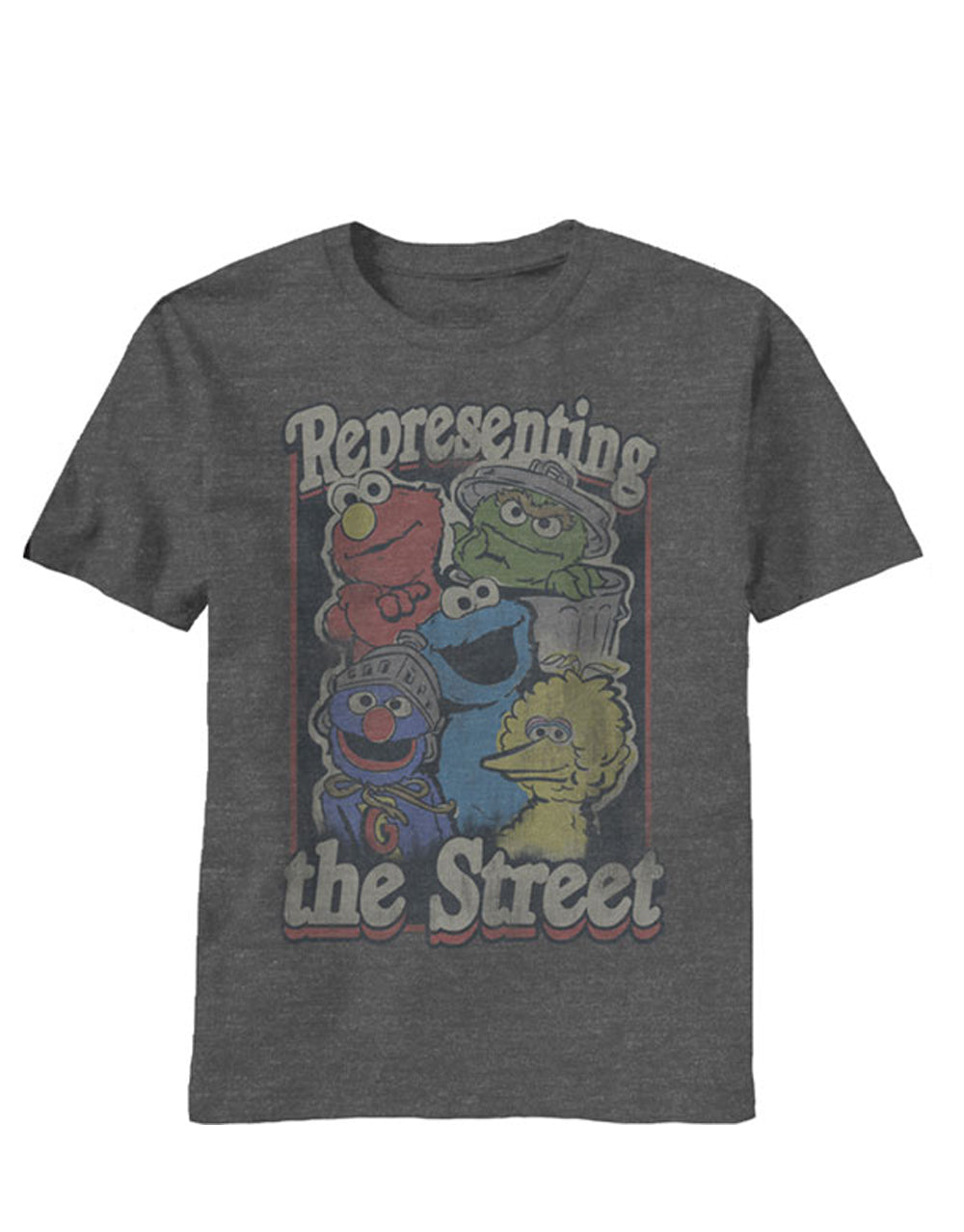 Representing the street graphic on a heathered dark grey adult t-shirt.