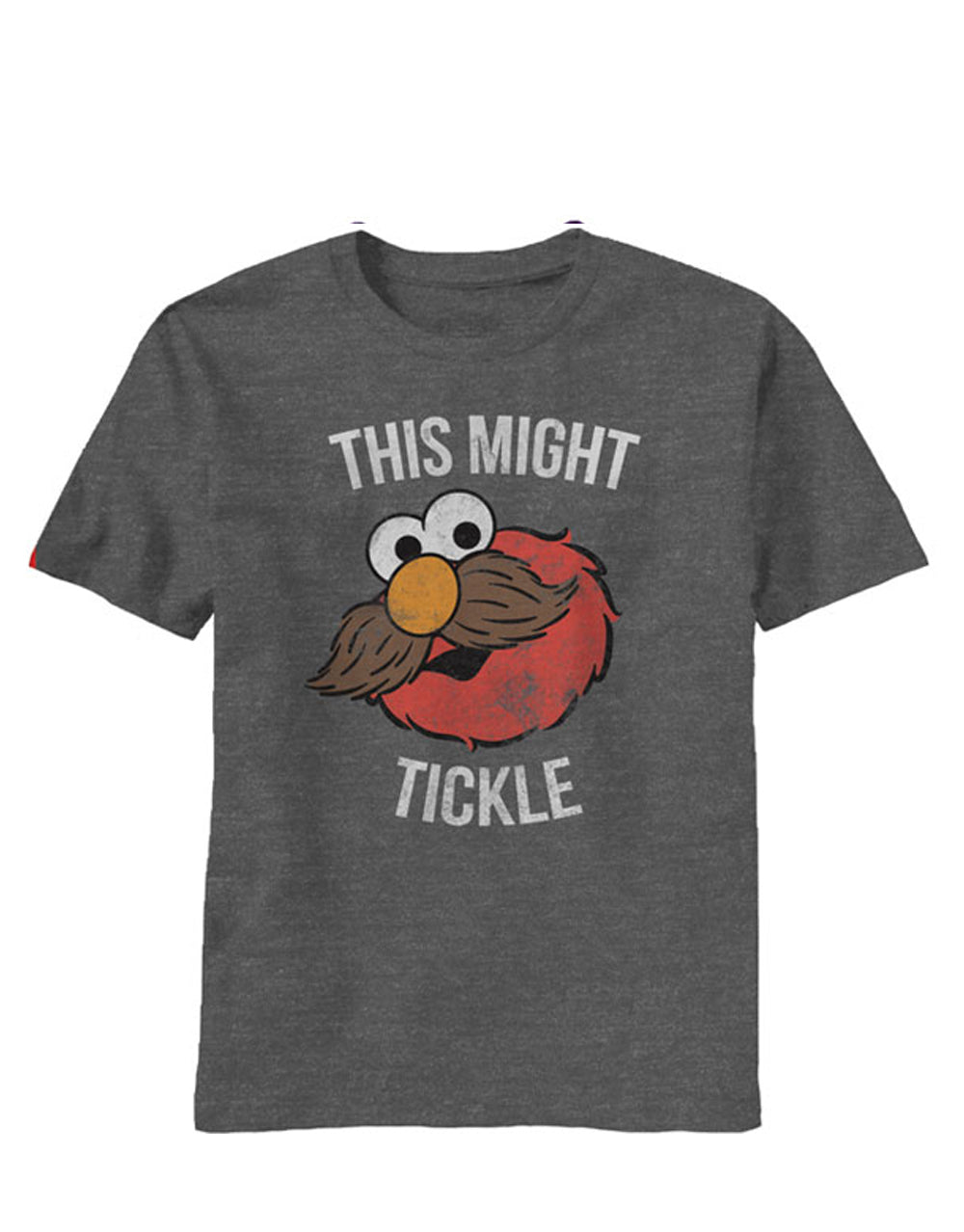 Elmo might tickle graphic on a heathered dark grey adult t-shirt.