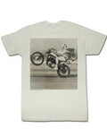 Evel Knievel wheelie graphic on a french vanilla adult t-shirt.