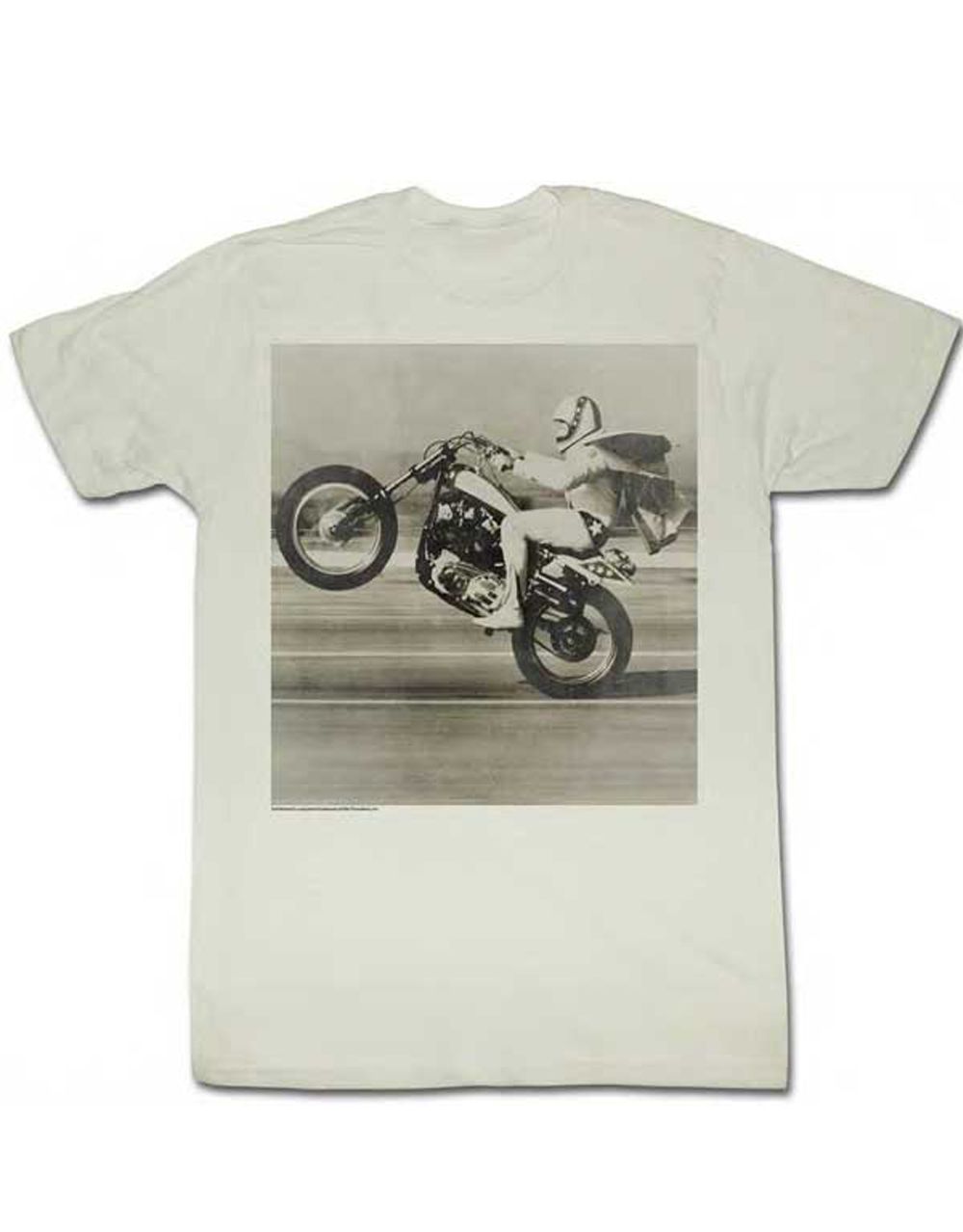 Evel Knievel wheelie graphic on a french vanilla adult t-shirt.