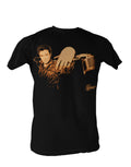 Elvis stand graphic on a black adult t-shirt.
