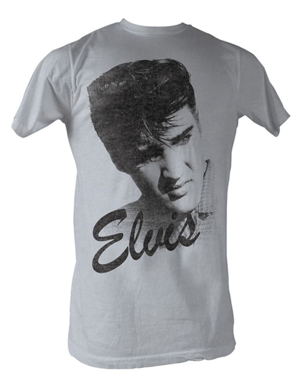 Elvis outline graphic on a heathered grey adult t-shirt.