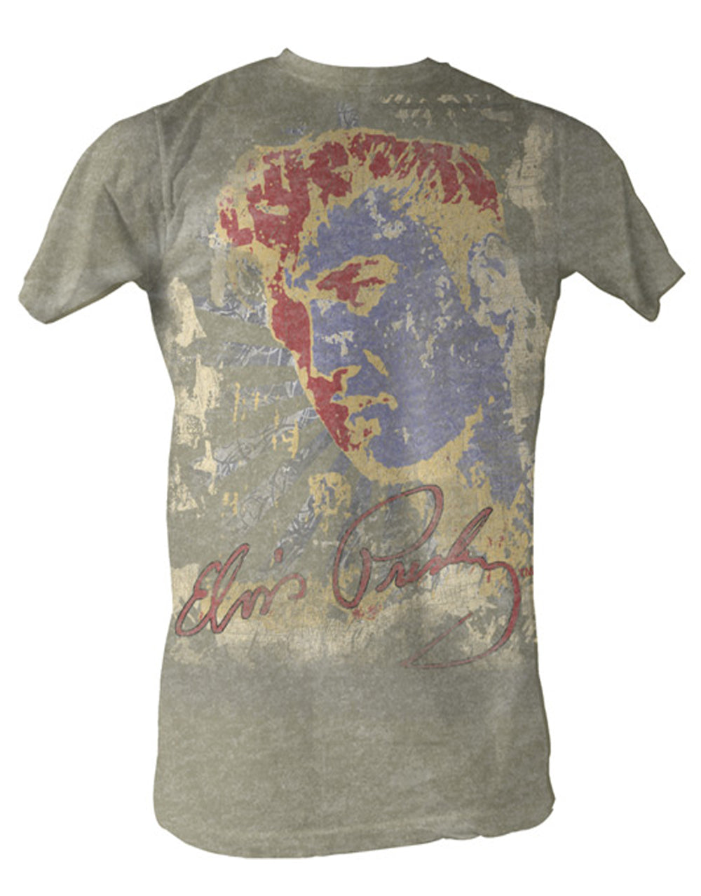 Elvis Presley propaganda graphic on a light brown adult t-shirt.