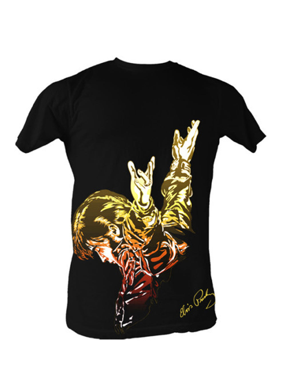 Elvis red fame graphic on a black adult t-shirt.