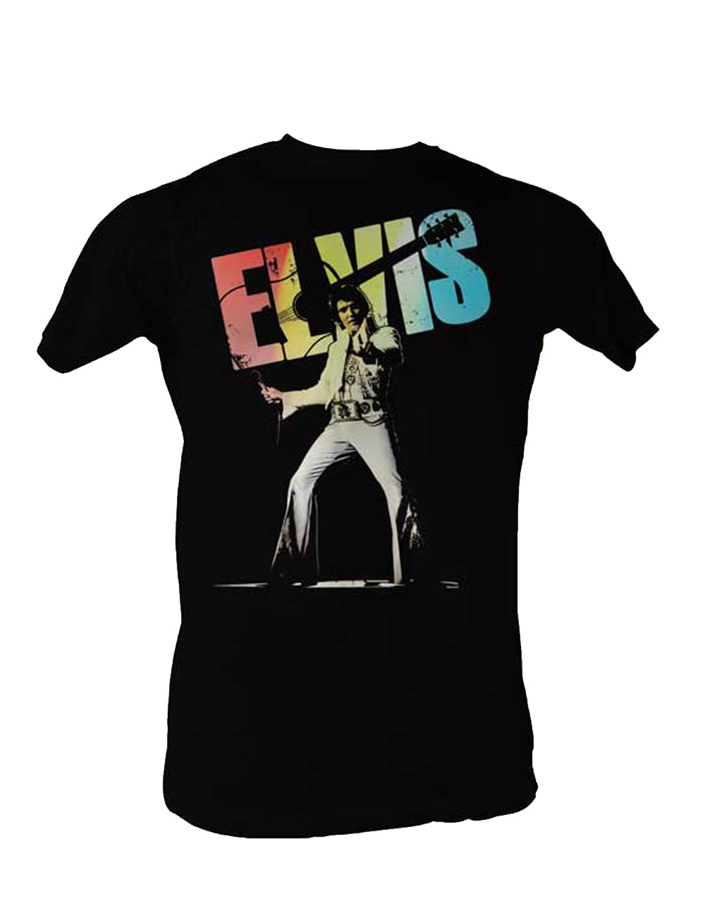 Elvis guitar and lights graphic on a black adult t-shirt.