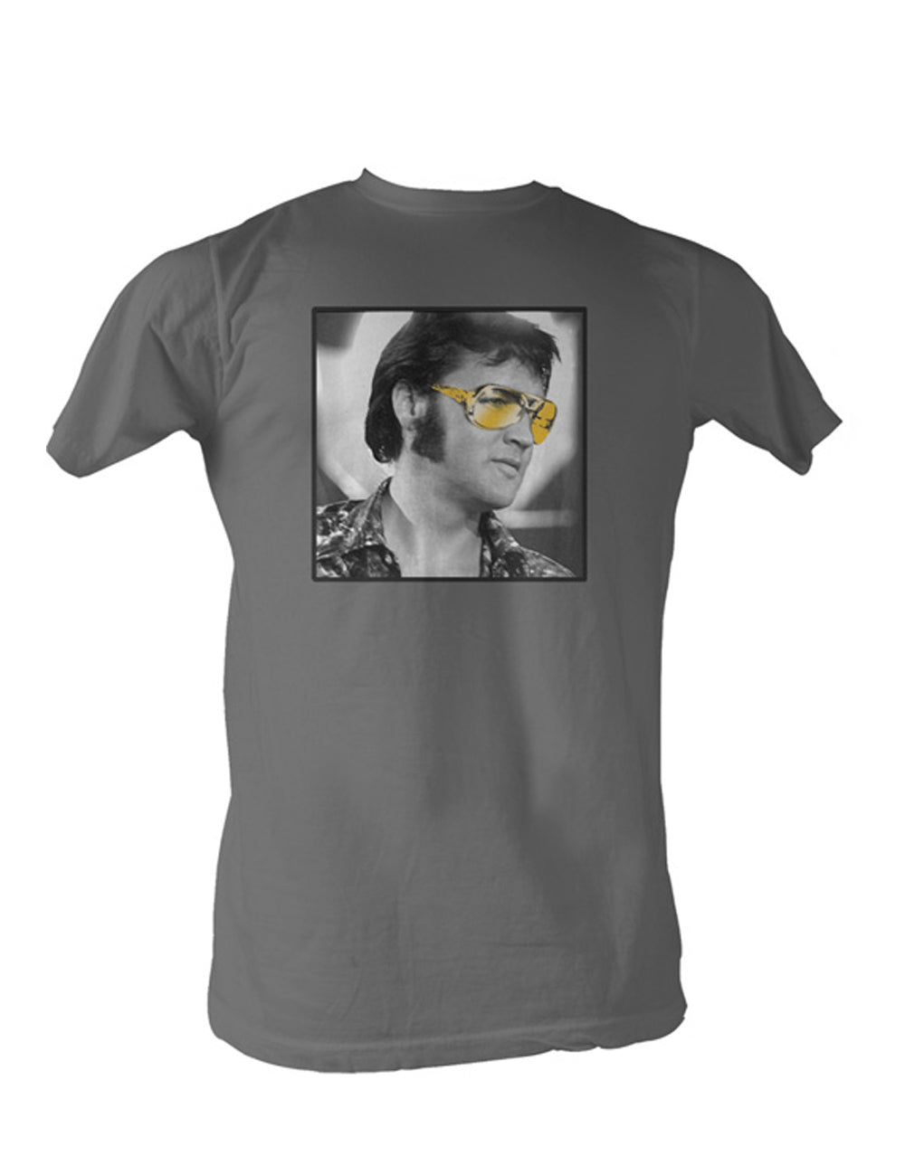 Elvis gold sunglasses graphic on a grey adult t-shirt.