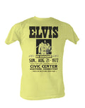 Elvis in concert graphic on a yellow adult t-shirt.