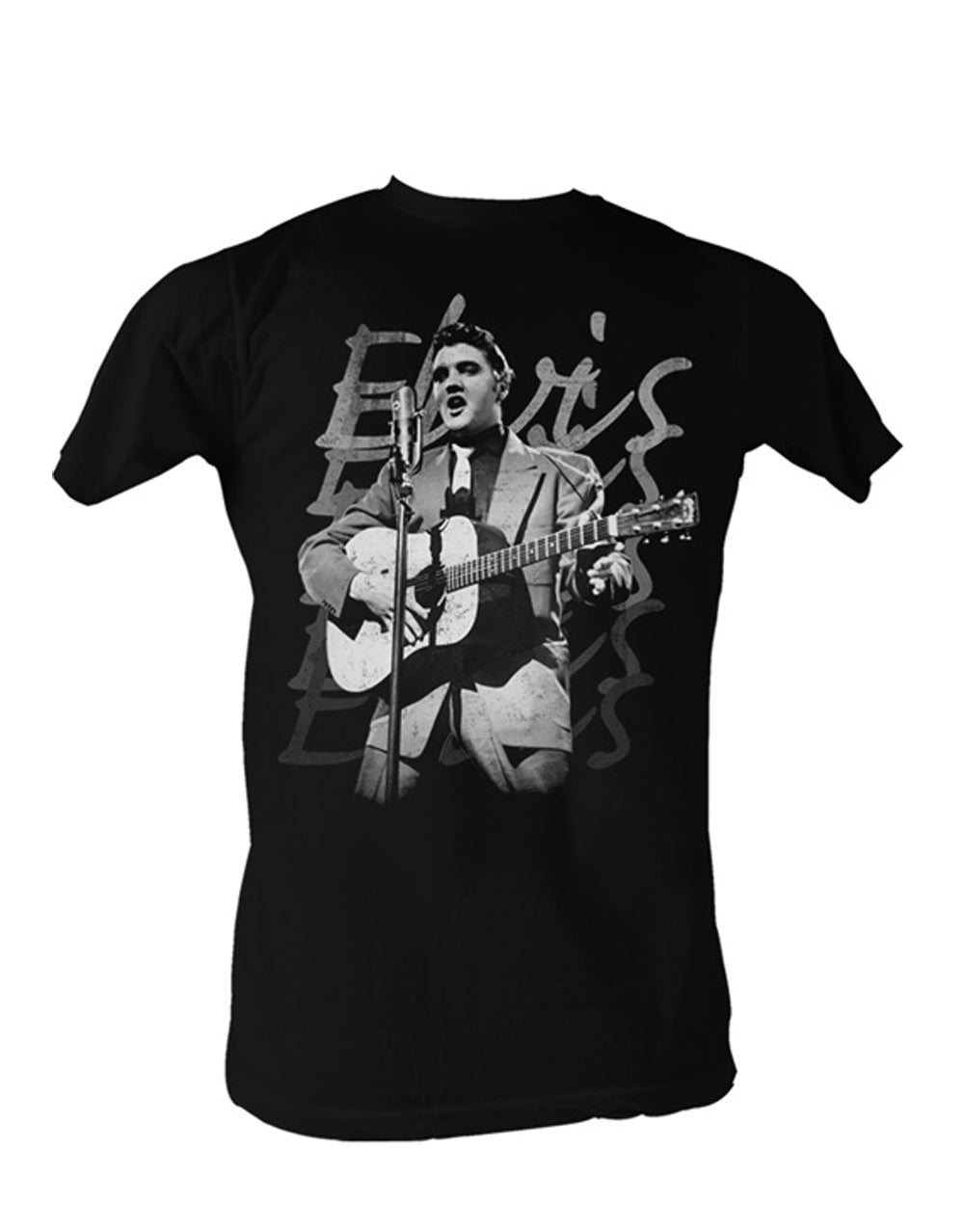 Elvis singing graphic on a black adult t-shirt.