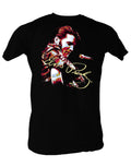 Elvis face and signature graphic on a black adult t-shirt.