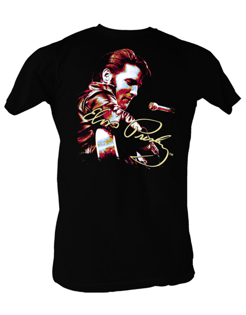 Elvis face and signature graphic on a black adult t-shirt.