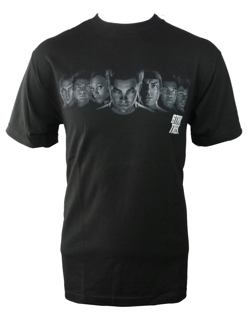 Star Trek Enterprise crew graphic on a black adult t-shirt.