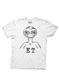 E.T. the Extra-Terrestrial classic character graphic on a white adult t-shirt.