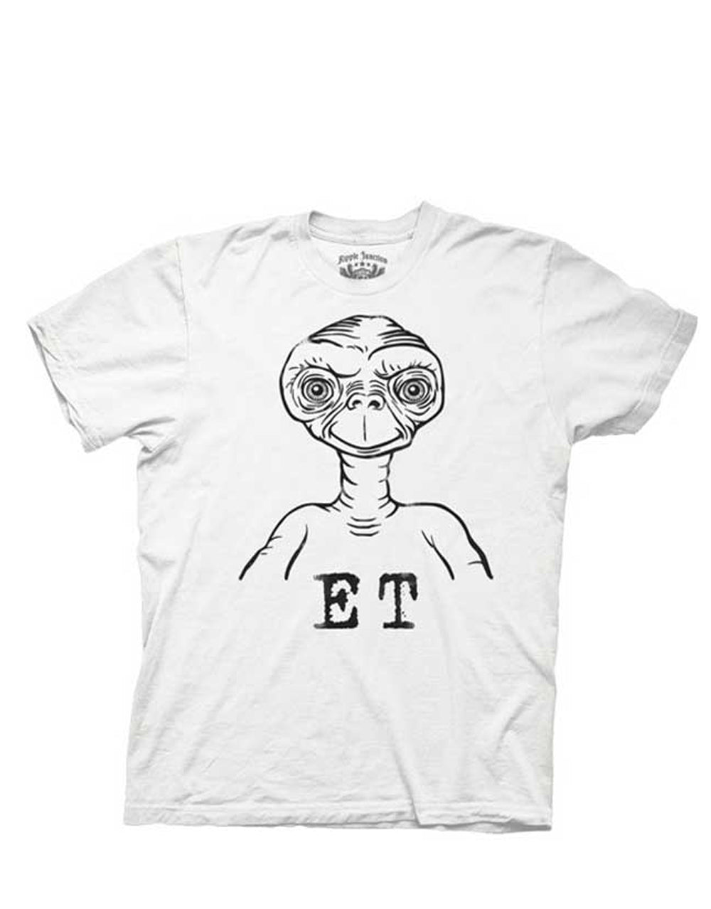 E.T. the Extra-Terrestrial classic character graphic on a white adult t-shirt.