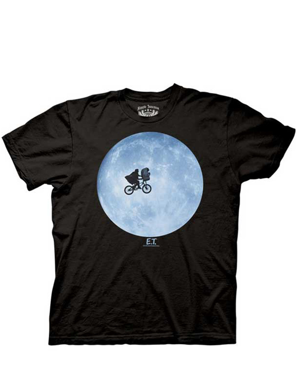 E.T. the Extra-Terrestrial iconic moon silhouette graphic on a black adult t-shirt.