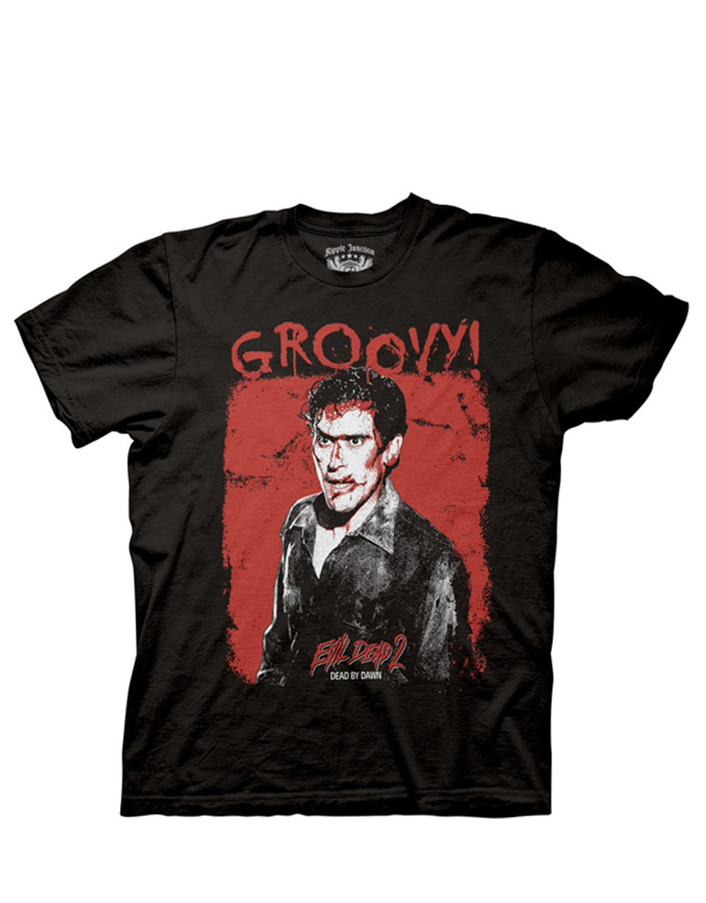 Evil Dead groovy graphic on a black adult t-shirt.