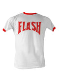 Adult white ringer t-shirt with contrasting neck and sleeve bands, featuring Flash Gordon graphics.