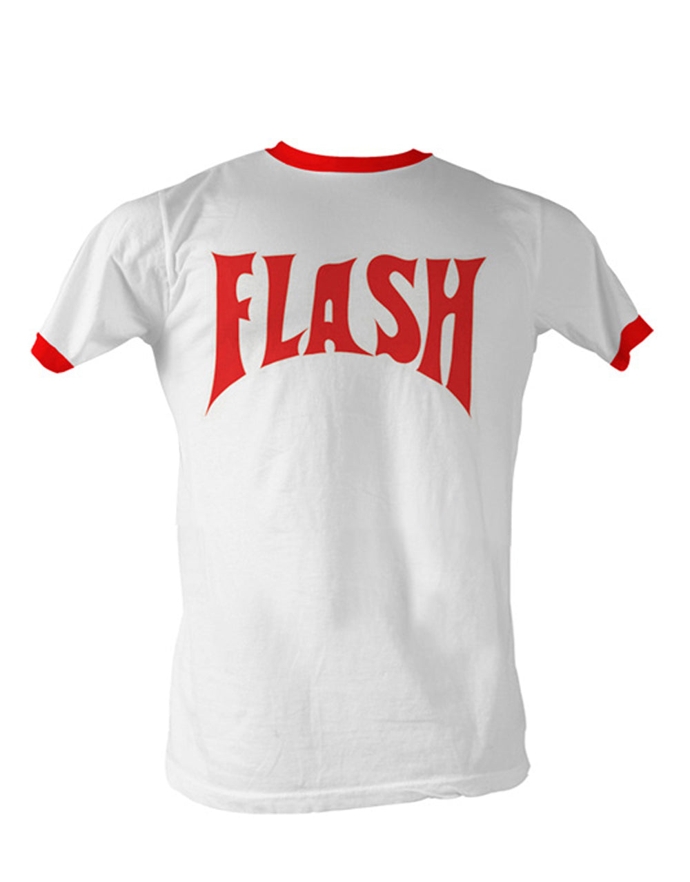 Adult white ringer t-shirt with contrasting neck and sleeve bands, featuring Flash Gordon graphics.