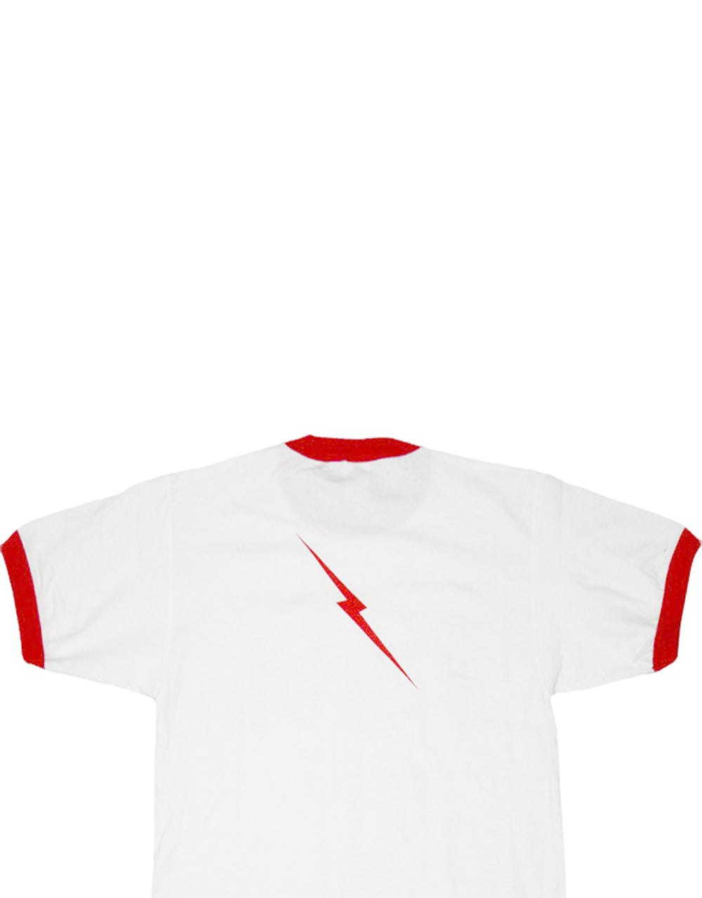 Adult white ringer t-shirt with contrasting neck and sleeve bands, featuring Flash Gordon graphics.