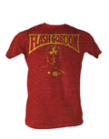 Adult red t-shirt featuring a golden print of Flash Gordon's face.