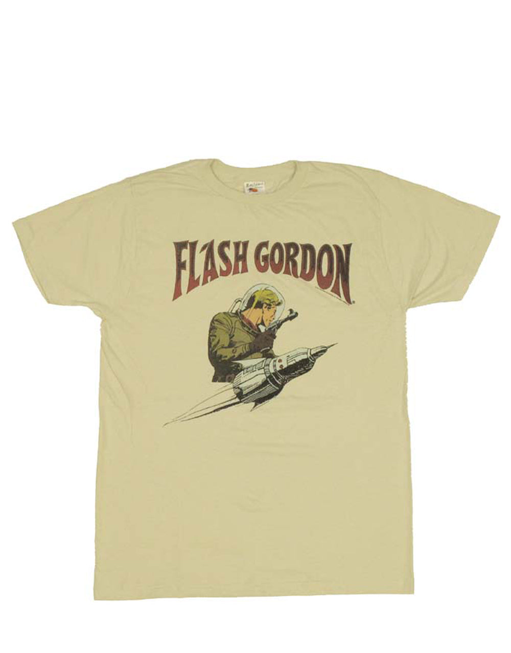 Adult french vanilla cream t-shirt featuring a vintage Flash Gordon rocket ship graphic.