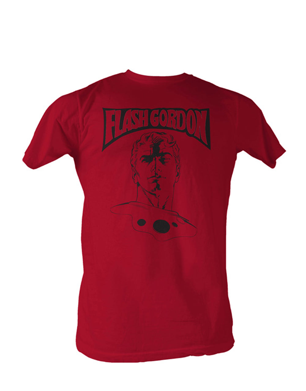 Adult red graphic t-shirt featuring a close-up print of Flash Gordon's face.