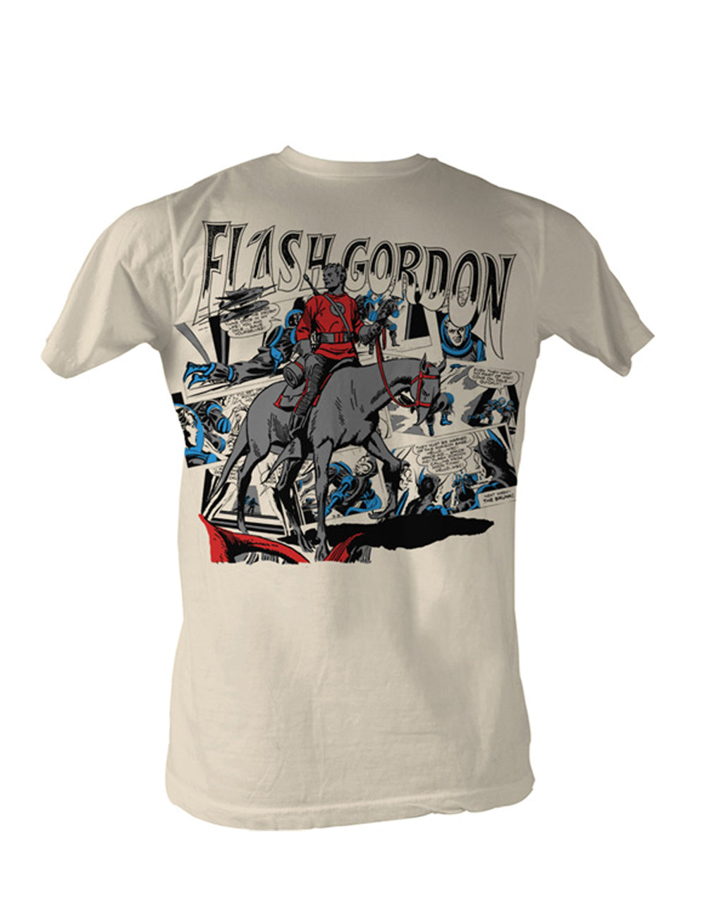 Adult cream-colored french vanilla t-shirt featuring a collage of Flash Gordon characters.