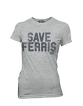 Save Ferris graphic on a heathered grey women's t-shirt.