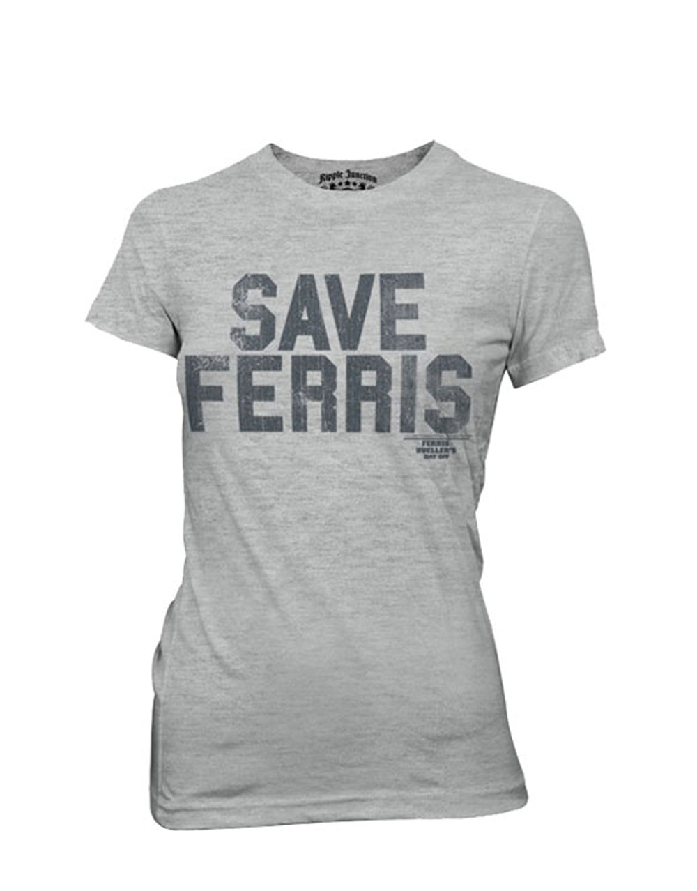 Save Ferris graphic on a heathered grey women's t-shirt.