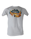 The Fast and the Furious rev up graphic on a light grey adult t-shirt.