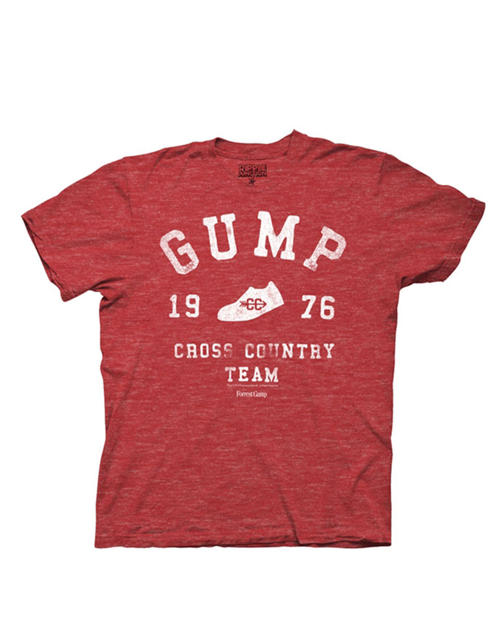 Cross country graphic on a heathered red adult t-shirt.