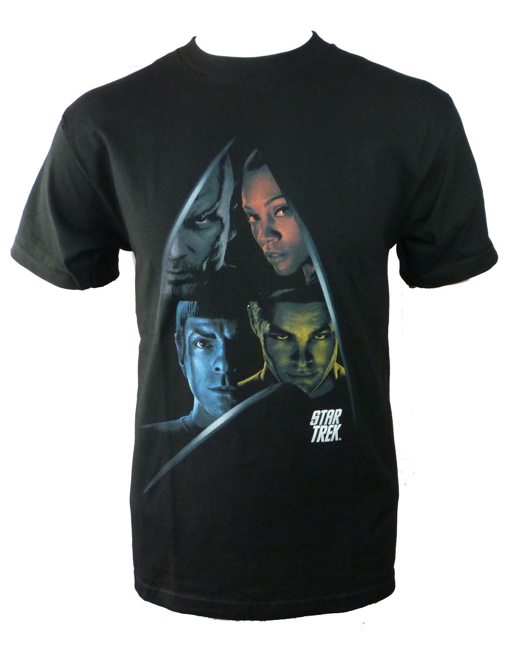 Star Trek character shield graphic on a black adult t-shirt.