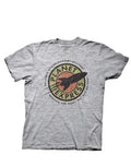 Futurama Planet Express corporate logo graphic on a heathered grey adult t-shirt.