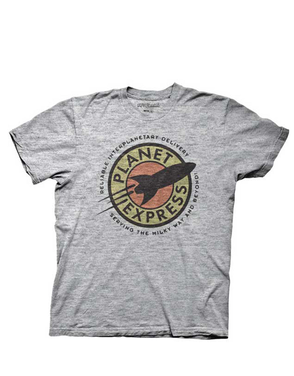 Futurama Planet Express corporate logo graphic on a heathered grey adult t-shirt.