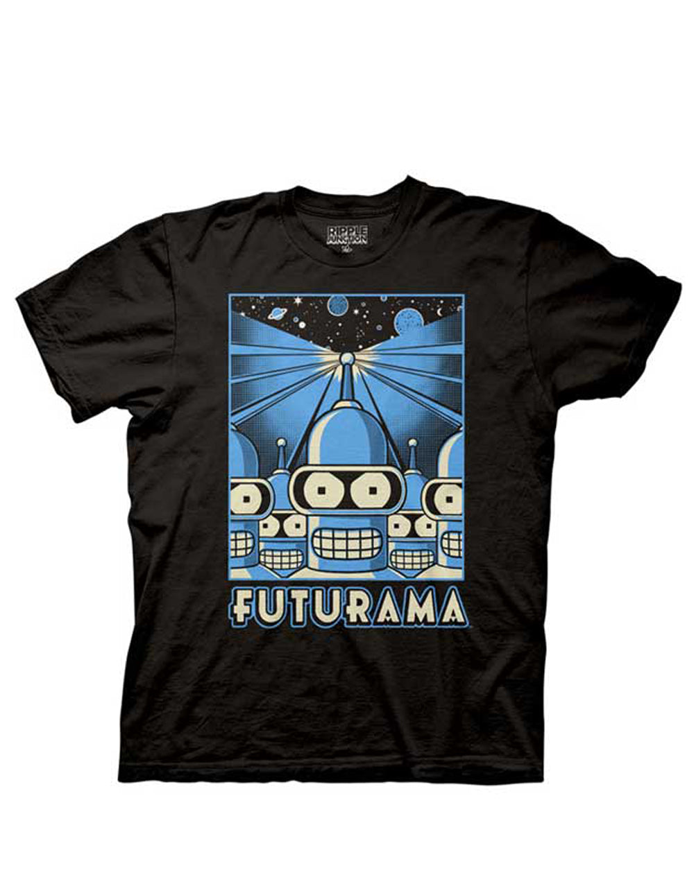 Futurama character Bender in a marching design on a black adult t-shirt.