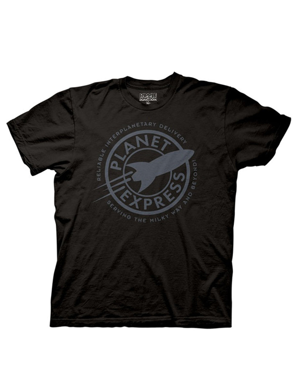 Futurama Planet Express logo design on a black adult t-shirt.