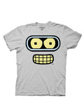 Futurama character Bender closeup face graphic on a light grey adult t-shirt.