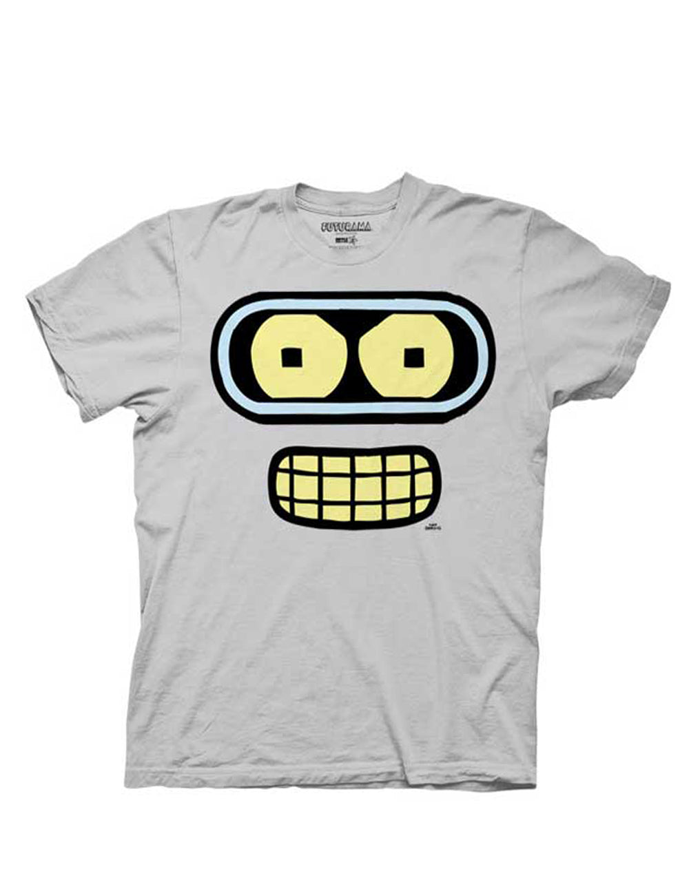 Futurama character Bender closeup face graphic on a light grey adult t-shirt.