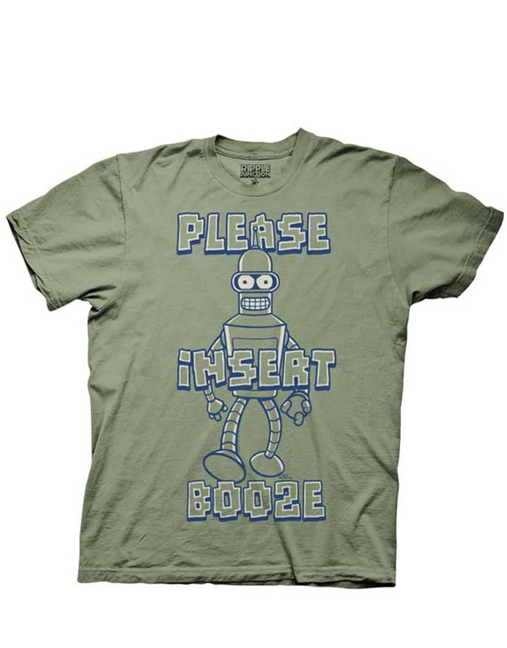 Futurama character Bender with "Please Insert Booze" text on a green adult tee.