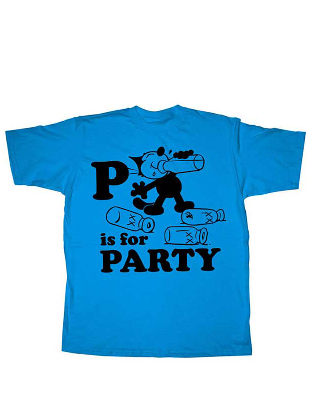 Felix the Cat party graphic on a blue adult t-shirt.