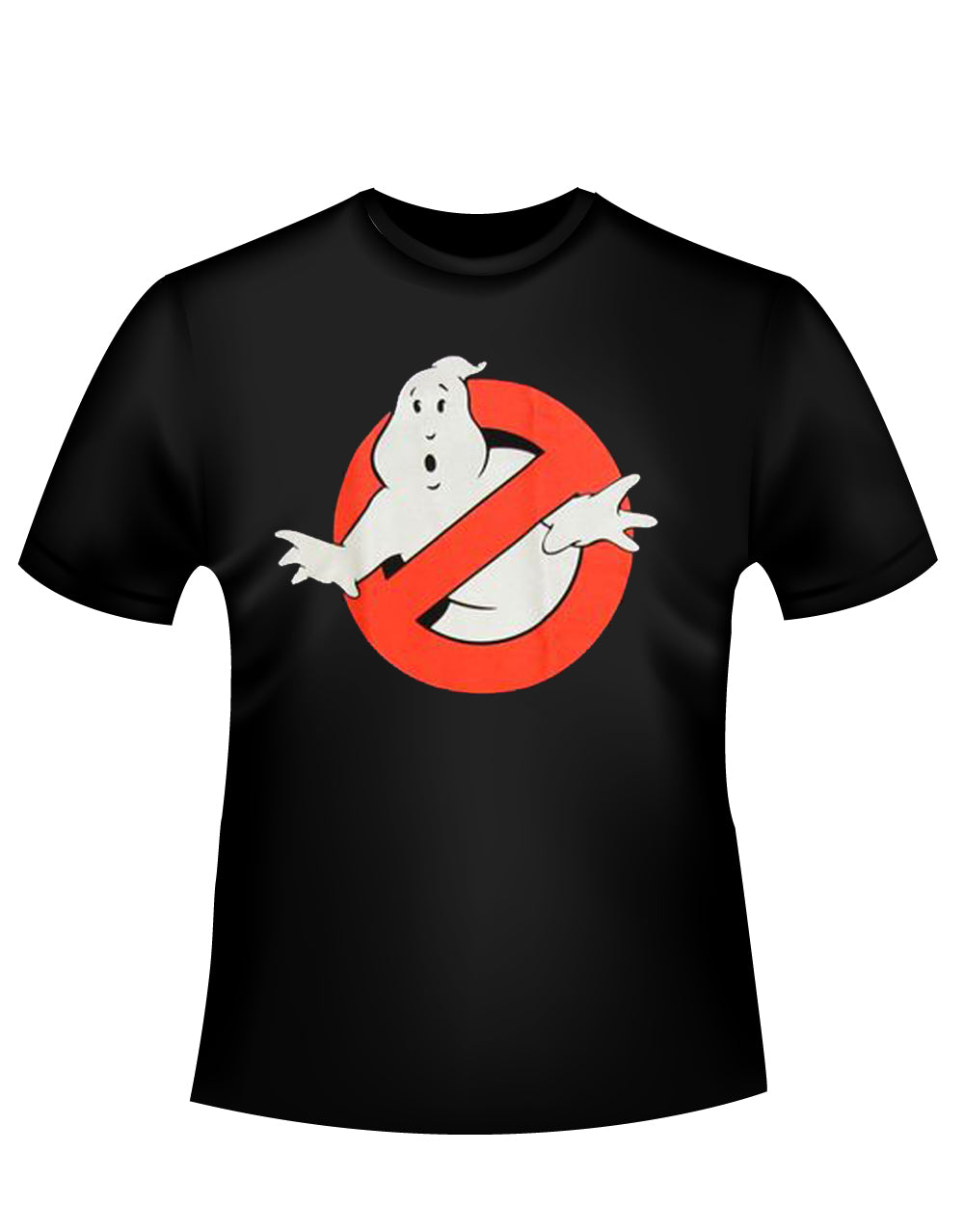 Ghostbusters ghost logo graphic on a black adult t-shirt.