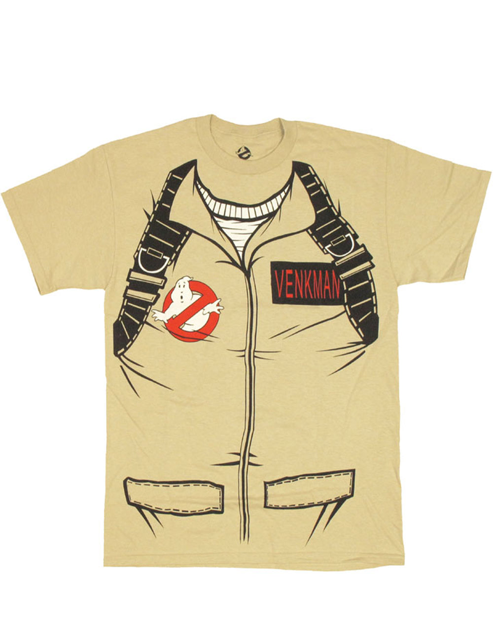 Venkman costume graphic on a beige adult t-shirt.