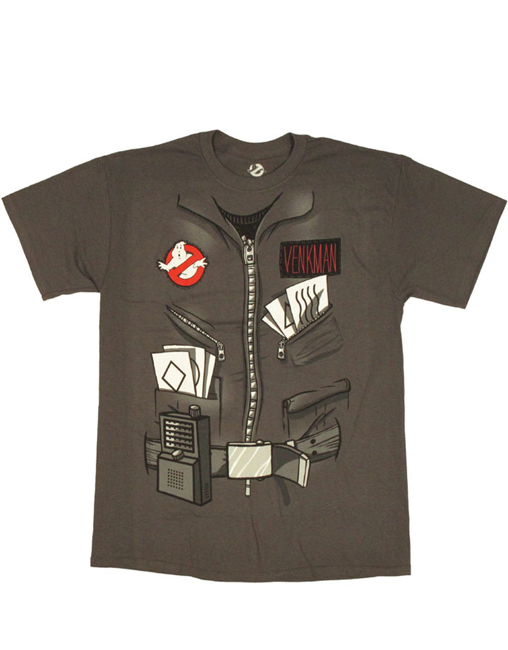 Venkman uniform costume graphic on a grey adult t-shirt.